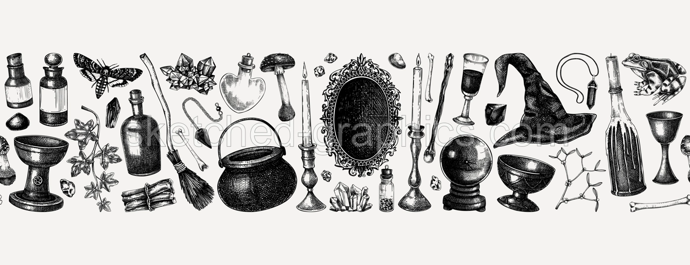 Vintage Halloween vector border. Hand-drawn witchcraft background. Skull, bones, poison bottles, crystal ball, black mirror, candles sketches. Seamless pattern for magic design Illustration